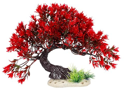 Mikikit Planta Artificial para Acuario Modelado Realista y Base Reforzada, Decoración de Peceras Plástico Rojo Adecuado para Reptiles y Peces