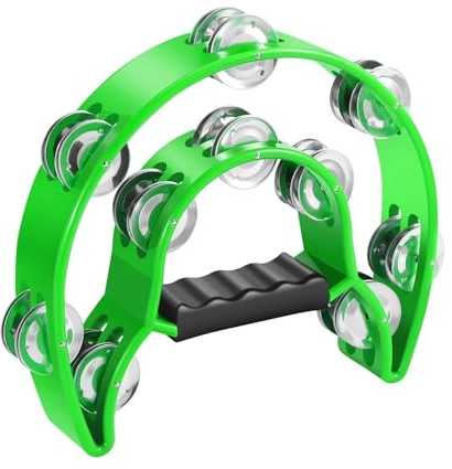 Flexzion Tamburin, Handtrommel - 25cm Schellenkranz mit Handgriff, Musik Schlaginstrument, zweireihig Schellenring in Halbmond-Form Rahmen, mit 20 Paar Metall Schellen, für KTV & Party, Grün
