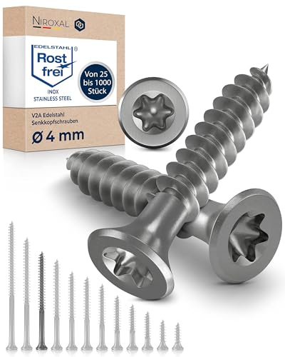 Träskruvar i Rostfritt Stål A2 – Försänkt Huvud Torx TX20 – Helgängade – 4 x 60 mm – 25 Pack – Universalskruvar för Trä