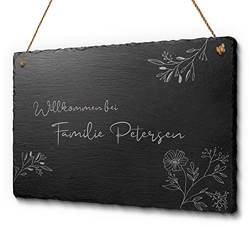Schöne Schiefer Türschilder für die Haustür mit Gravur | Schiefer-Schild mit Kordel zum Aufhängen in ca. 30x20 cm Gravierte Namensschilder Klingelschilder mit Namen oder Texten Herzlich Willkommen