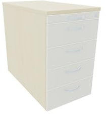 Standcontainer mit 4 Metall-Schubfächern und Utensilienschubfach, Metall-Rollschubführung, Zentralverriegelung, 438x800x720, Weiß/Ahorn/Ahorn