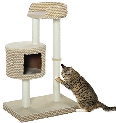 PawHut Árbol Rascador para Gatos Árbol de Actividades para Gatos con Cueva de Felpa Postes de Yute Plataforma Cómoda 61x41x96 cm Beige y Café