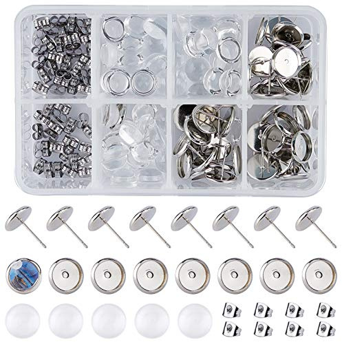 SUNNYCLUE 180 Stück 8 mm Edelstahl Flache Runde Ohrstecker Komponenten 60 Stück Glas Cabochon Ohrring Einstellung & 60 Stück Ohrring Einstellung Tablett & 60 Stück Ohrstecker Zurück Für Schmuck