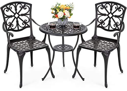 Nuu Garden 3-teiliges Bistro-Set aus Aluminium mit Schirmloch für Hof, Balkon, Schwarz