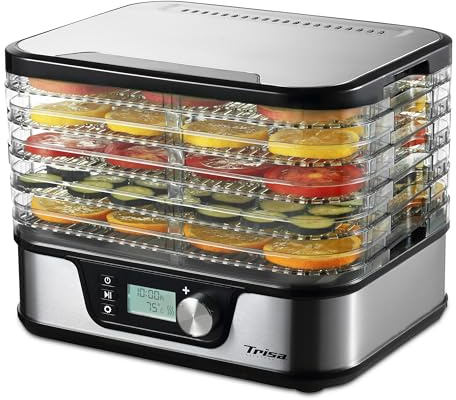Trisa Healthy Snack Dörrautomat, 380W, 35-75°C, LCD-Display, 5 Jahre | 380W Umluft-Dörren, 35–75°C präzise regelbar, LCD-Display mit Timer, Wählbar 3 oder 5 Gitter, Kräuternetz inklusive
