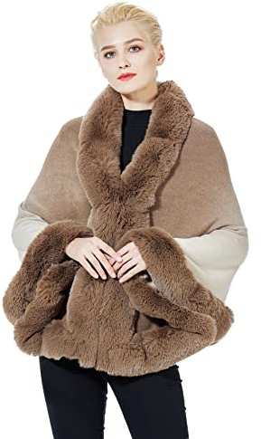 BEAUTELICATE Donna Poncho Mantella Maglia Invernale Stola Scialle in Pelliccia Sintetica Coprispalle Bolero Elegante per Sposa Matrimonio Festa (Gradiente Khaki, Taglia unica)