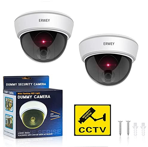 ERWEY Fotocamera finta con obiettivo, videosorveglianza, telecamera di sorveglianza finte, con luce LED rossa, per parete, soffitto, 2 set con carta forata, 2 pezzi.
