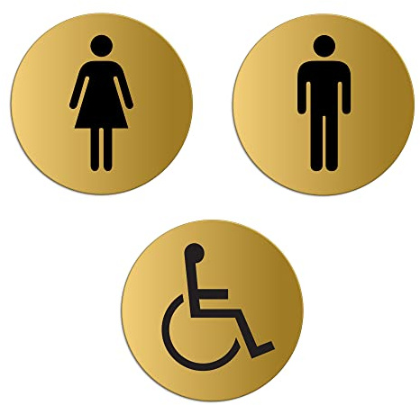 WC Schild Damen Herren Rollstuhl Ø 75 mm Toilettenschilder 3er-Set Aluminium matt Gold eloxiert 6702-M