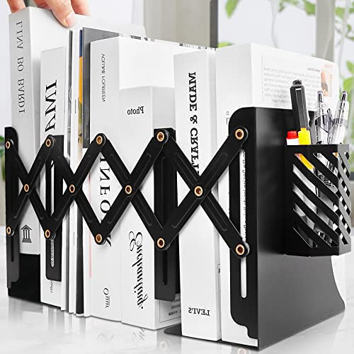 Heavy Duty Book End to Hold Books + Detachable Pen Holder, Adjustable Bookends Book Holder for Shelves, Decorative Book Organizer for Desk, Sturdy Metal Book Ends Binder Holder for Tabletop