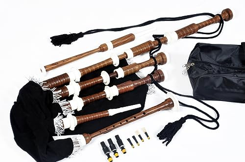 Great Highland Dudelsack von Hakam Din aus natürlichem Cocobolo-Holz mit elfenbeinfarbenen Halterungen und schwarzer Abdeckschnur für Schüler, komplettes Starter-Set mit Anfänger-Anleitungsbuch,