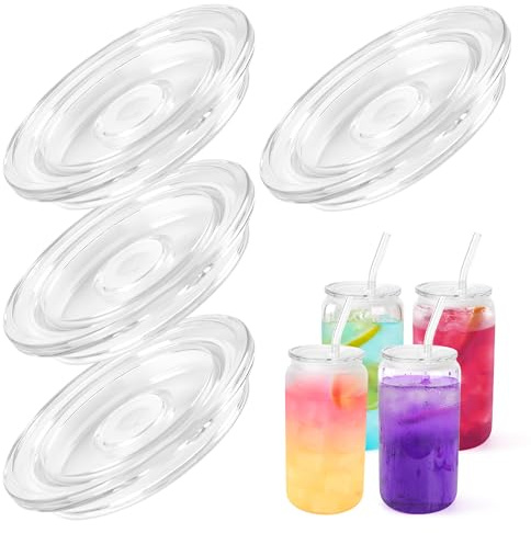 Joyclub 4 Pack Acrylic Lids Fit for 16 oz Glass Cups Clear Replacement Lids | Replacement lids for home users and gift makers, for iced coffee, tea, boba and party drink stations
