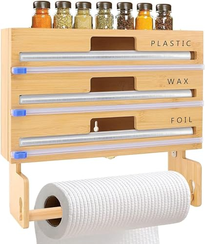 Upgrade Cling Film Dispenser and Cutter - Upgraded 4 in 1 Paper Towel Holder Wall Mounted, Refillable Tin Foil Dispenser and Cutter, Kitchen Foil Organiser Storage - Fits 12 Roll