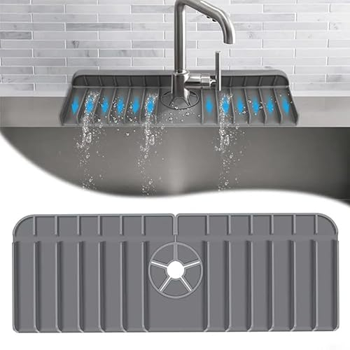 LoomLuxe Multi-Purpose Silicone Sink Splash Guard and Kitchen Sink Protector Mat with Drip Catcher Tray - Grey, Absorbent Faucet Drain Mat and Back Splashes for Kitchens