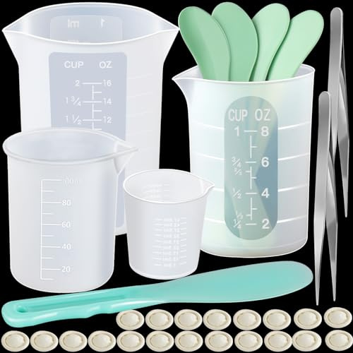 LEOBRO Silikon Messbecher Epoxidharz, 4 Stück Silikonbecher Silikon Messbecher für Harz 400 250 100 50ml Mischbecher, Silikonbecher, für Basteln, Epoxidharz, mit Löffel, Fingerlinge, Pinzette