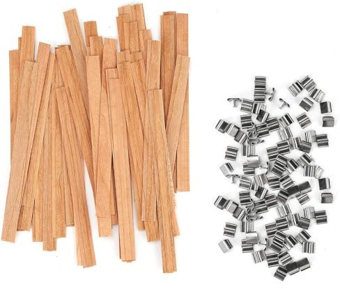 katmerio 50 Stücke Docht für Kerzen Holz Kerze mit 50 Stücke Eisenständer, Rauchfreie Natürliche Umweltfreundliche Holzdochte für Kerzenherstellung 13 x 130mm