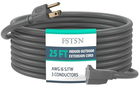 FSTSN 25 Ft Heavy Duty Indoor Outdoor Extension Cord - 16/3 SJTW Waterproof Power Cable with 3 Prong Grounded Plug, Grey - Durable, Weather Resistant, for Home, Garden, and Worksite Use