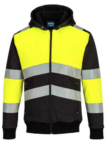 Portwest PW377 Hi Vis Fleece Lined Mens Hoodie Zipped Winter Sweatshirt Casual Warm Insulated Outdoor Workwear Safety Jacket Yellow/Black, Large