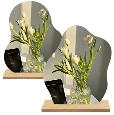 Pizens Acryl Schminkspiegel 2 Stück, Rahmenlos Unregelmäßiger Dekorative Spiegel Klein, Kosmetik Tischspiegel mit Holzsockel für Schlafzimmer Wohnzimmer Hotels Zimmer Deko
