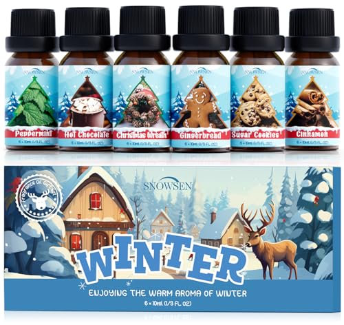 SNOWSEN Winterzeit Ätherische Öle Set, 6 x 10 ml Aromatherapie Ätherische Öle für Diffuser, Diffuser Öl, Seifenduftöl - Weihnachtskranz, Lebkuchen, Zuckerkekse, heiße Schokolade, Pfefferminze, Zimt