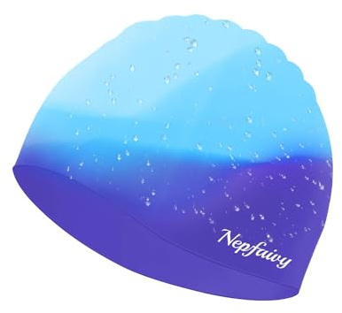 Nepfaivy Kids Swimming Cap Waterproof - Multicolor Silicone Swimming Hat Kids, Comfortable Anti Slip Boys and Girls Swim Cap, Stretchable and Durable Swim Hat for Children 6-14 Years (Gradient Blue)