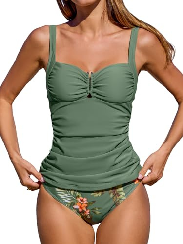CUPSHE Tankini-set för kvinnor tvådelad baddräkt hög midja älskling hals fram U utskärning justerbara remmar, Olivgrön/blommig, M