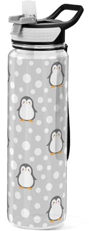 Mnsruu Transparente Sport-Wasserflasche mit Strohhalm, auslaufsichere Trinkflasche, niedlicher Pinguin und Punkte, Fahrradflaschen für Sport, Büro, Schule, BPA-freier Tritan-Kunststoff, 1 Liter