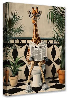 Cute Giraffe on Toilet Canvas Wall Art Animal Read Newspaper Picture 1P Tropical Plant Posters Prints Cute Modern Artwork for Living Room Bedroom Home Decor Framed Gallery-Wrapped Ready to Hang