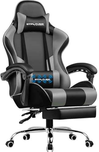 GTPLAYER Spelstol, massage ergonomisk datorstol med fotstöd och ländryggsstöd justerbar spelstol med 360° svängbart säte och nackstöd för kontor Grå