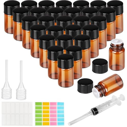 Ysimple Lot de 30 petits flacons en verre ambré de 5 ml - Flacons compte-gouttes vides rechargeables pour huile essentielle, récipient d'échantillon fourni avec pipette autocollante pour huile