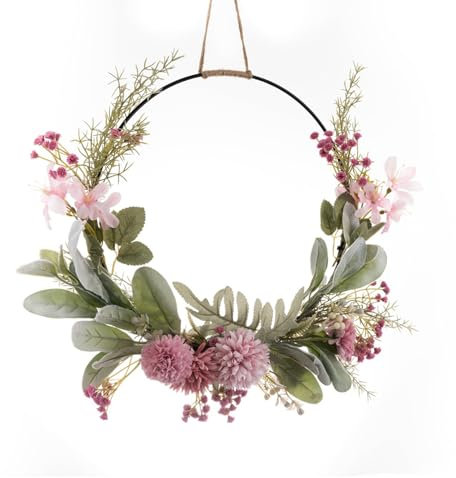 CutitiUU 16 Inch Artificial Door Wreath Artificial Flower Wreath Fake Pompom Garland with Green Leaves Spring Summer Faux Floral Wreath for Front Door Wall Hanging Window Garden Wedding (Style A)