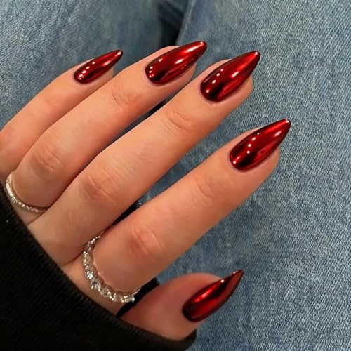 KQueenest Chrome Press On Nails - Metallic Rot Nägel zum Aufkleben Mittel Mandel, Spiegel Effekt Fake Nails Künstliche Fingernägel zum aufkleben, Sparkle Bling Acryl Nägel für Frauen, 24 Stück