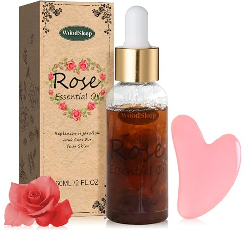 Rosenöl Ätherisches Öl 60ml+ Gua Sha Stein,Rose Essential Oil,Rosenblütenöl | Rosen Körperöl,Rosen Öl Gesicht, Private Hautpflege, Vitamin E,Rizinusöl,Süßmandelöl,Süßorangenblütenöl