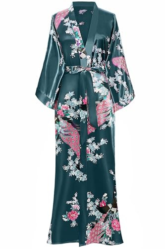 Babeyond Morgonrock för dam, maxi-kimono med påfågelmönster, badrock, lång sovrock för pyjamasparty
