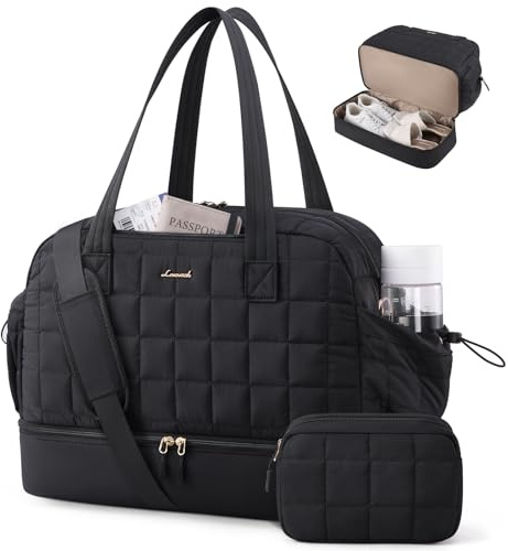 LOVEVOOK Reisetasche Damen Groß, 45L Puffer Weekender Travel Bag Kliniktasche Geburt, Wasserdicht Sporttasche Gym Bag mit Schuhfach & Nassfach, Handgepäck Tasche für Flugzeug Reise Urlaub, Schwarz