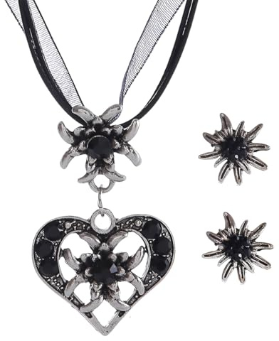 OHREN 3 Stück Trachtenschmuck Set Bayerisch Dirndlschmuck Trachtenkette mit Strass Edelweiß Herz Anhänger und Edelweiß Ohrstecker für Damen Bierfest Trachten Dirndl Outfit Accessoires (schwarz)