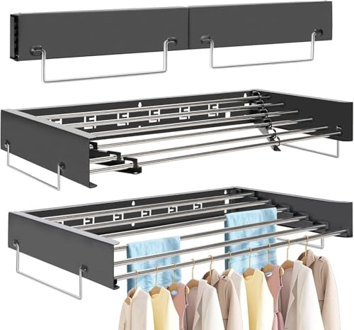 FREEAMG Wäscheständer Wandmontage, 100CM Klappbarer Wandtrockner mit Fünf Edelstahl-Kleiderstangen, Wäscheständer Wand mit 6M Trockenlänge, 30 KG Tragkraft,für Drinnen oder Draußen (Schwarz)
