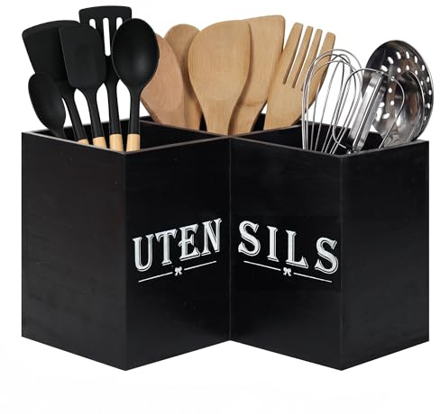 Top-spring Extra Large Utensil Holder for Kitchen Counter - Wooden Cooking Utensils Holder - Rustic Farmhouse Decor Kitchen Corner Utensil Organizer with 3 Compartment, Black Wood Utensil Caddy