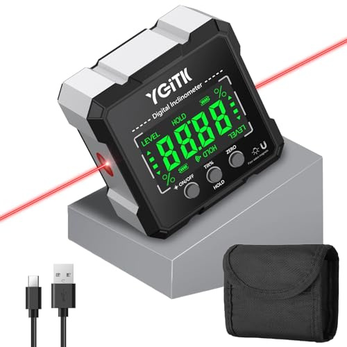 YGiTK Digitaler Winkelmesser LCD-Display Neigungsmesser mit Laser | 4-Seitiges Magnetisch, IP54 wasserdicht Level Box, USB-C-Ladung, für Heimwerker & Schreiner im Holzbearbeitung/Dekoration/Bau