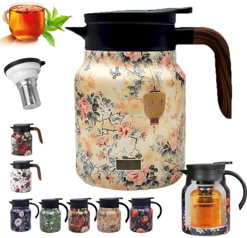 Insulated Tea Pots,Vintage Floral Pattern Tea Pot-Built-in Infuser,Colorful Vintage Floral Pattern Teas,Stainless Steel Teapot 1000mL with Lid for Hot Drinks,Pink(Wooden Handle,35OZ)