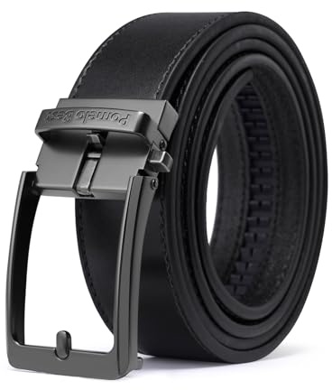 Pomelo Best Ceinture en Cuir Véritable pour Homme, Ceinture Habillée avec Couture Décorative - Suit 3.3 cm Boucle à Cliquet Réglable en Continu - Emballage Cadeau