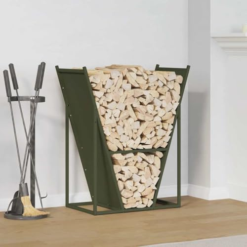 Ordellia Estantería para leña verde oliva de acero laminado en frío, 69,5 x 35 x 81 cm, 100 kg de carga, soporte para leña para leña, almacenamiento, interior, salón