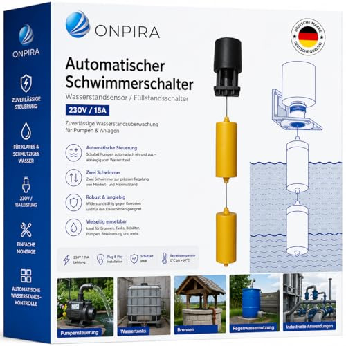 ONPIRA® Automatischer Schwimmerschalter 230V / 15A – Wasserstandsensor & Füllstandsschalter – Automatische Wasserstandskontrolle für Tanks, Brunnen, Pumpen & Zisternen – Robuster Wasserpegelschalter