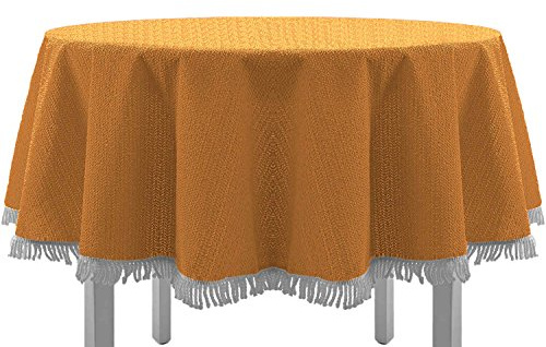 EXKLUSIV HEIMTEXTIL Gartentischdecke mit Fransen Tischdecke Classic Outdoor PVC Weichschaum rutschhemmend für Garten, Balkon, Terrasse 160 cm rund orange