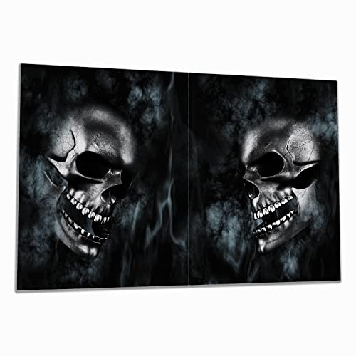 Wallario Herdabdeckplatte/Spritzschutz aus Glas, 2-teilig, 80x52cm, für Ceran- und Induktionsherde, Rauchende Schädel