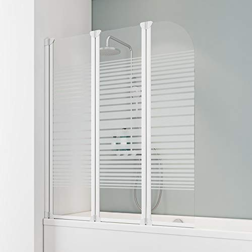 Schulte Badewannenfaltwand Komfort, 125 x 140 cm, 3 mm Sicherheitsglas (ESG) Dekor Querstreifen, Alpinweiß, Duschabtrennung für Badewanne, Duschwand mit Teilrahmung EP1654 04 72