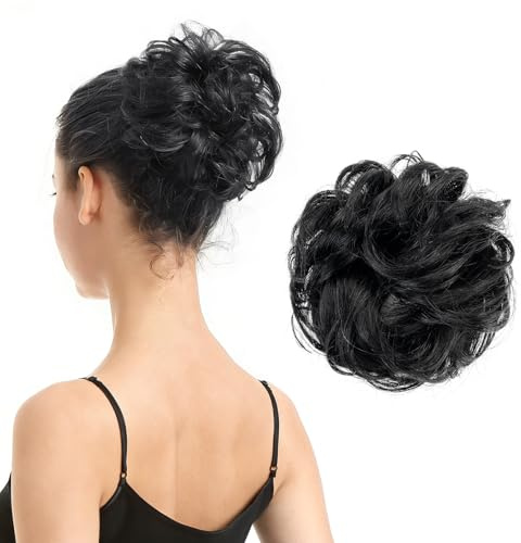 BARSDAR 100% Echthaar Haarteil Haargummi，Gelockt Unordentlich dutt extensions echthaar Haarteil Haargummi Hochsteckfrisuren unordentlicher Haarverlängerung für Damen Mädchen 1# Schwarz