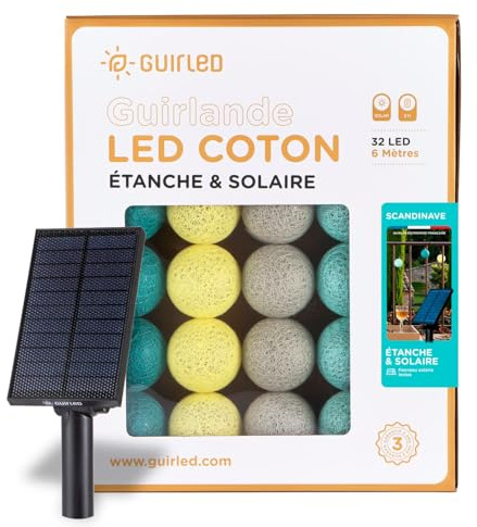 GuirLED - Außengirlande mit Lichtkugeln LED-Guinguette - Wasserdicht IP55 - Hocheffizientes Solarpanel - Automatisches EIN/AUS - 32 Kugeln 6 m- Skandinavisch