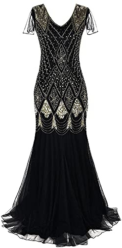 Feynman Abito da donna anni '20 con scollo a V, paillettes, perle, frange, abito da sera, stile retrò, lungo, glitterato, per feste, sexy, a maniche lunghe, maxi, abito da cocktail, per feste