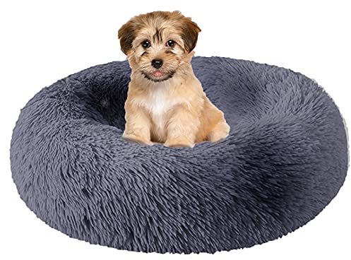 fireowl Donut Hundebett Kleine Flauschig: 50cm Beruhigendes Welpenbett Anti Angst Katzenbett - Plüsch Haustierbett Rund Kuscheliges Waschbar Grau