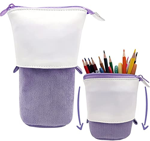 Nothers Pop Up Pen Pencil Case Teleskophalter Mäppchen, PU Cord Stand-Up Federmäppchen Mädchen, ideal für Studentinnen Spring Makeup Bag Pencil Bag (Lila)